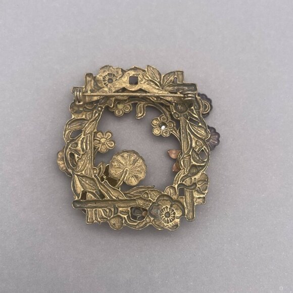 Vintage Flower Cluster Rhinestone Lady Bug Brooch Pin Textured Gold Tone - Picture 4 of 6